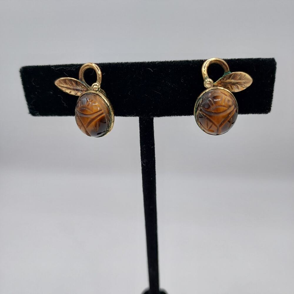 Vintage Scarab Beetle Earrings Tiger Eye 1/20 12K Gold Filled Signed Amco Screw